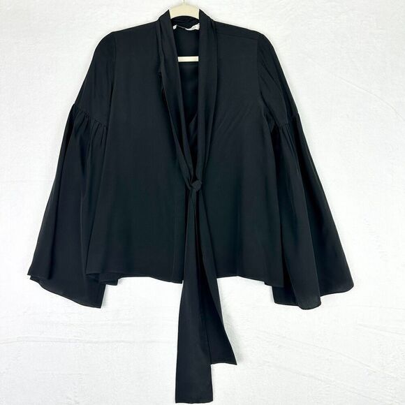Alexis Silk Tie Neck Top Size Large Black Flare Bell Sleeves Quiet Luxury - Picture 1 of 5